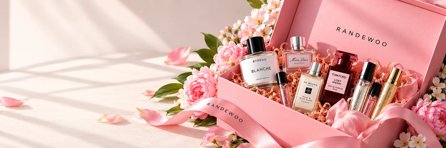 Розовый бокс Randewoo с миниатюрами ароматов Byredo, Miss Dior, Jo Malone и Tom Ford в окружении пионов